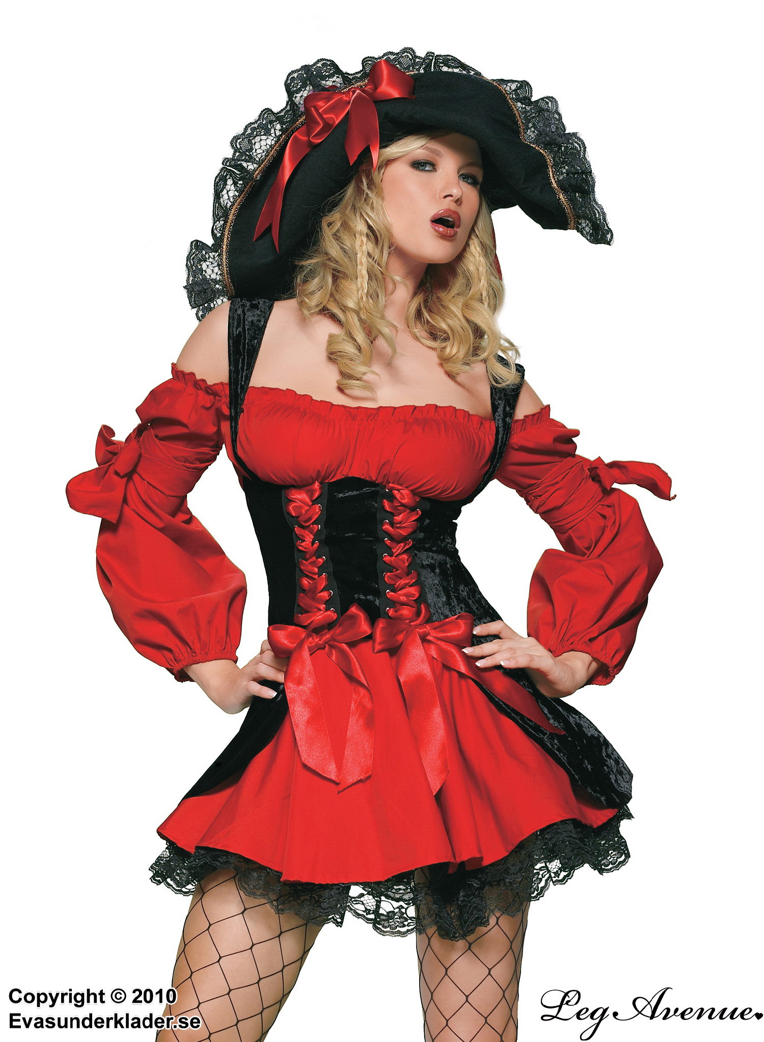 Kvinnlig piratkapten, maskeradklänning med cold shoulder, snörning och stor rosett